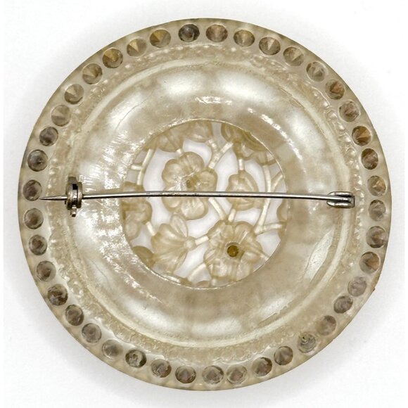 Vintage Rare Celluloid Round Floral Rhinestones Pin Brooch - Picture 2 of 3